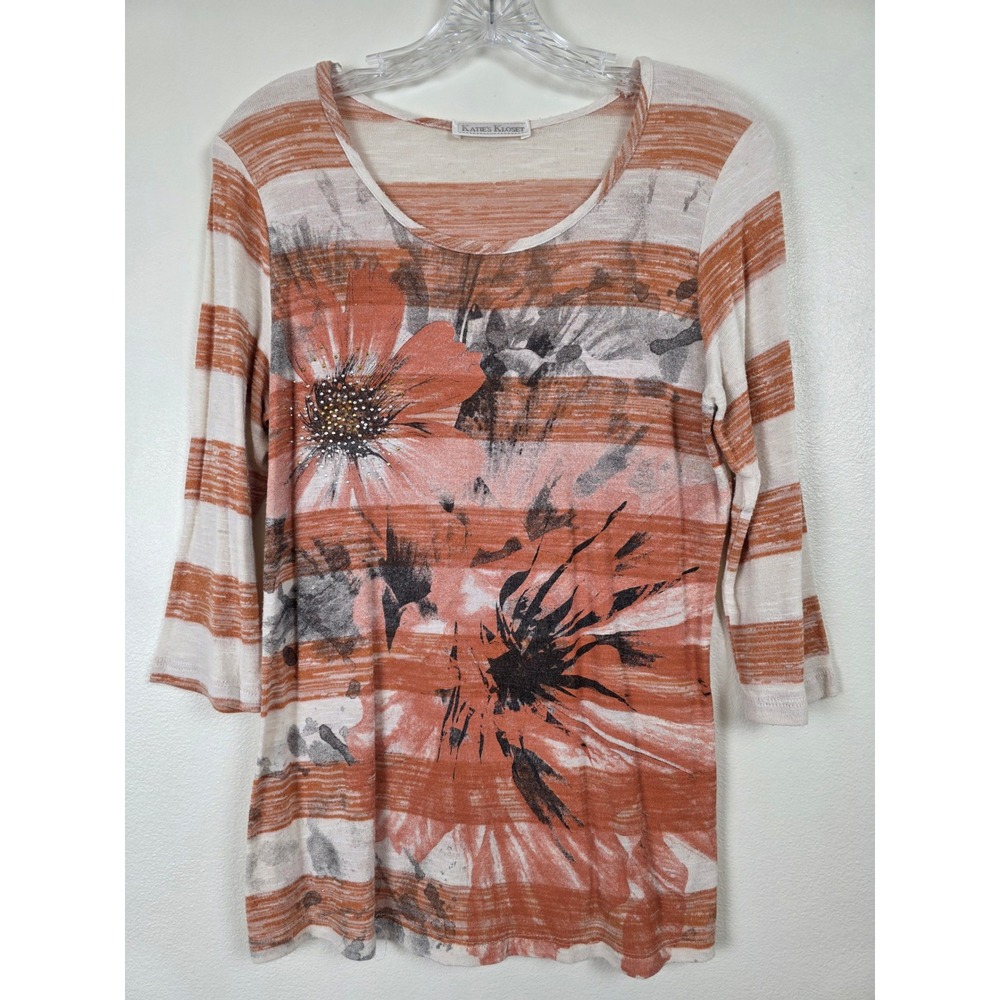 Katie's Kloset Top Womens‎ Medium Striped Floral Embellished 3/4 Sleeve Casual